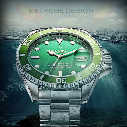 Top Brand Men Mechanical Watch TEVISE T801A Automatic Date Fashion Wristwatches Rotable Outer Case Green Male Clock Fixing Tool