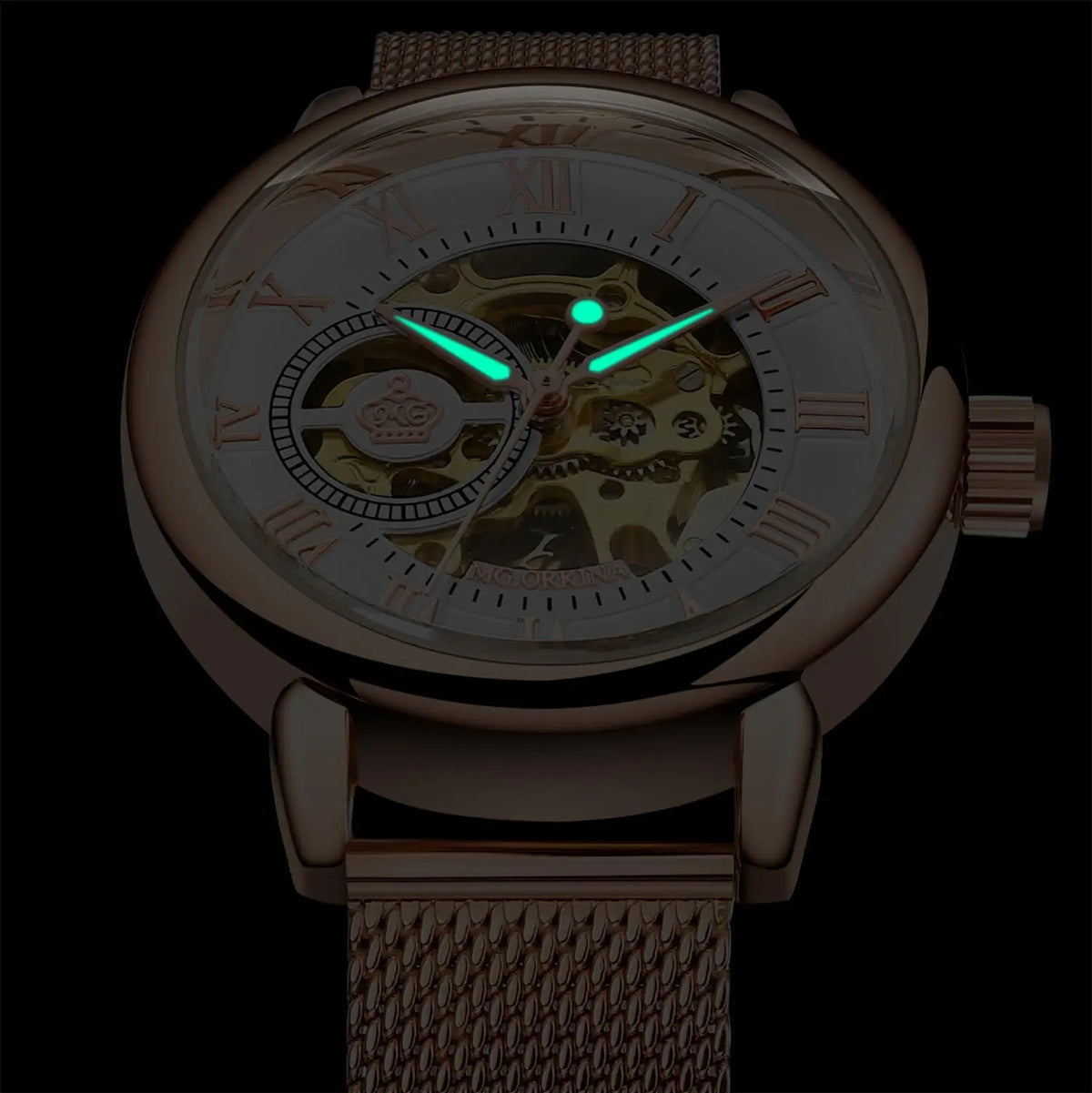 ORKINA Women Watch Automatic Mechanical Skeleton Chic Rose Gold Lady Wristwatch in Mesh Stainless Steel Bracelet / Leather Strap