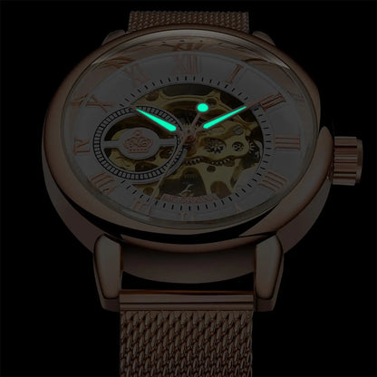 ORKINA Women Watch Automatic Mechanical Skeleton Chic Rose Gold Lady Wristwatch in Mesh Stainless Steel Bracelet / Leather Strap