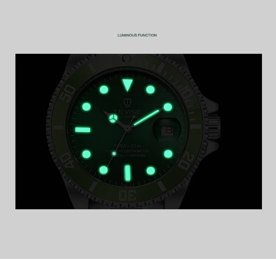 Top Brand Men Mechanical Watch TEVISE T801A Automatic Date Fashion Wristwatches Rotable Outer Case Green Male Clock Fixing Tool