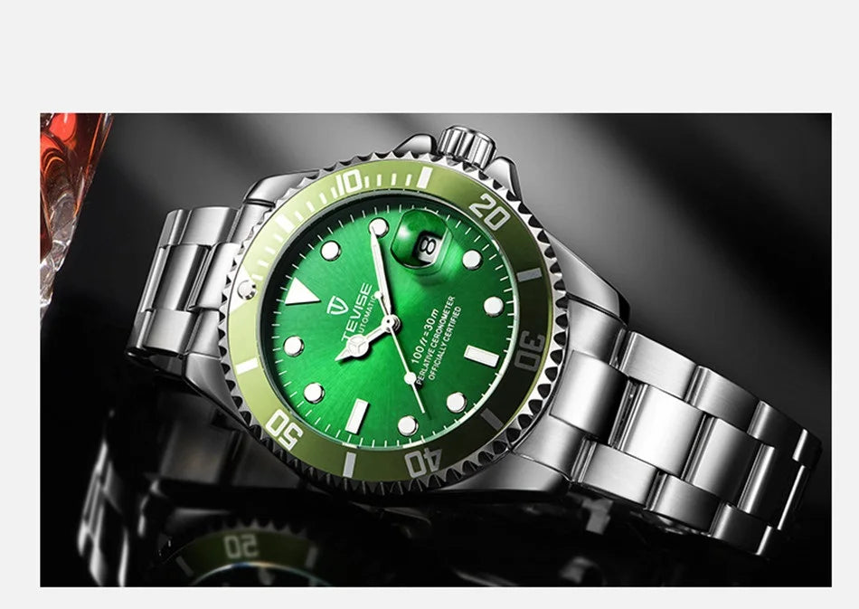 Top Brand Men Mechanical Watch TEVISE T801A Automatic Date Fashion Wristwatches Rotable Outer Case Green Male Clock Fixing Tool
