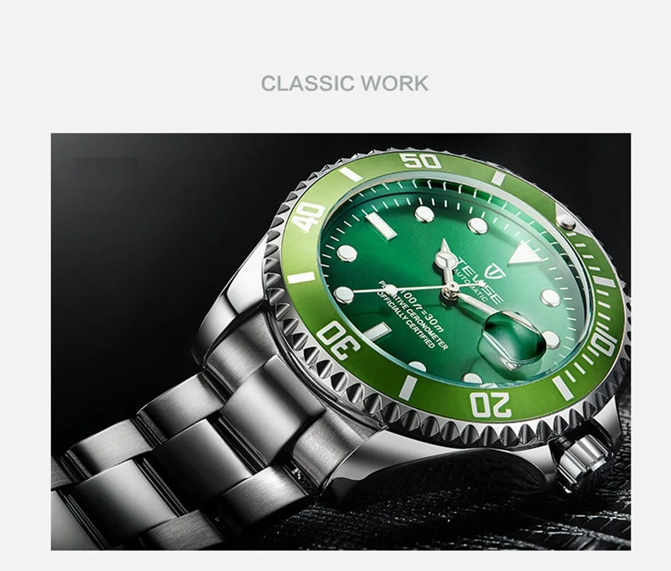 Top Brand Men Mechanical Watch TEVISE T801A Automatic Date Fashion Wristwatches Rotable Outer Case Green Male Clock Fixing Tool