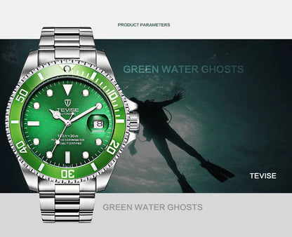 Top Brand Men Mechanical Watch TEVISE T801A Automatic Date Fashion Wristwatches Rotable Outer Case Green Male Clock Fixing Tool