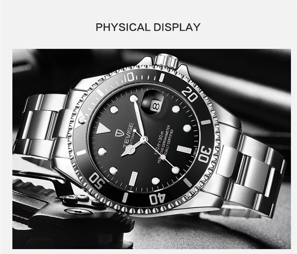 Top Brand Men Mechanical Watch TEVISE T801A Automatic Date Fashion Wristwatches Rotable Outer Case Green Male Clock Fixing Tool