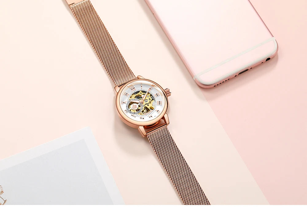 ORKINA Women Watch Automatic Mechanical Skeleton Chic Rose Gold Lady Wristwatch in Mesh Stainless Steel Bracelet / Leather Strap