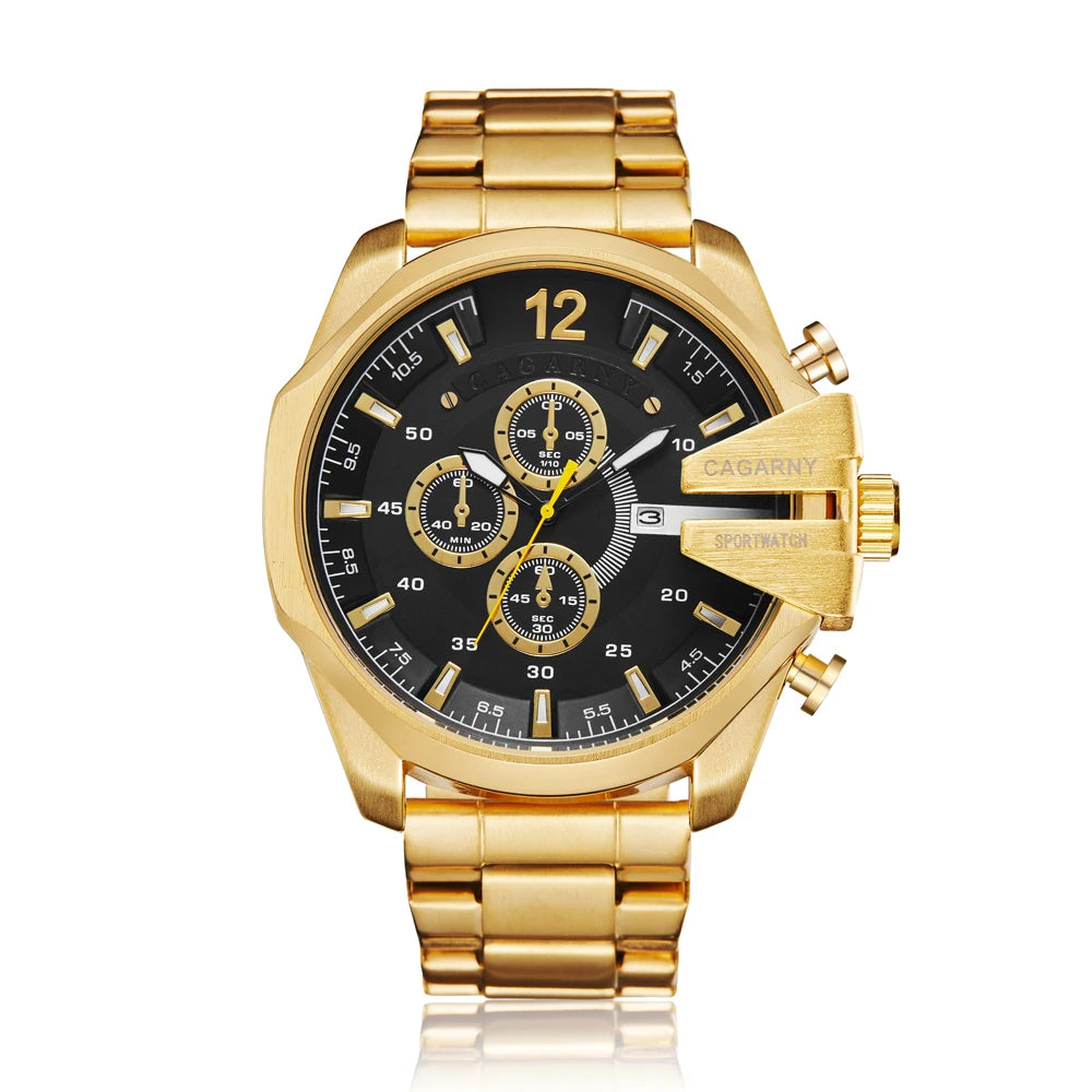 Top Luxury Brand Cagarny Men Watch Black Gold Stainless Steel Men's Business Quartz Wrist Watches Man Clock Military relogio New