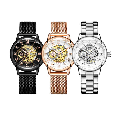 ORKINA Women Watch Automatic Mechanical Skeleton Chic Rose Gold Lady Wristwatch in Mesh Stainless Steel Bracelet / Leather Strap