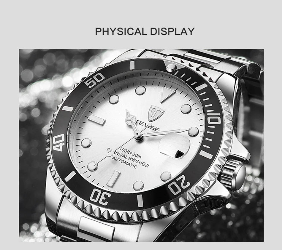 Top Brand Men Mechanical Watch TEVISE T801A Automatic Date Fashion Wristwatches Rotable Outer Case Green Male Clock Fixing Tool