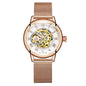 ORKINA Women Watch Automatic Mechanical Skeleton Chic Rose Gold Lady Wristwatch in Mesh Stainless Steel Bracelet / Leather Strap