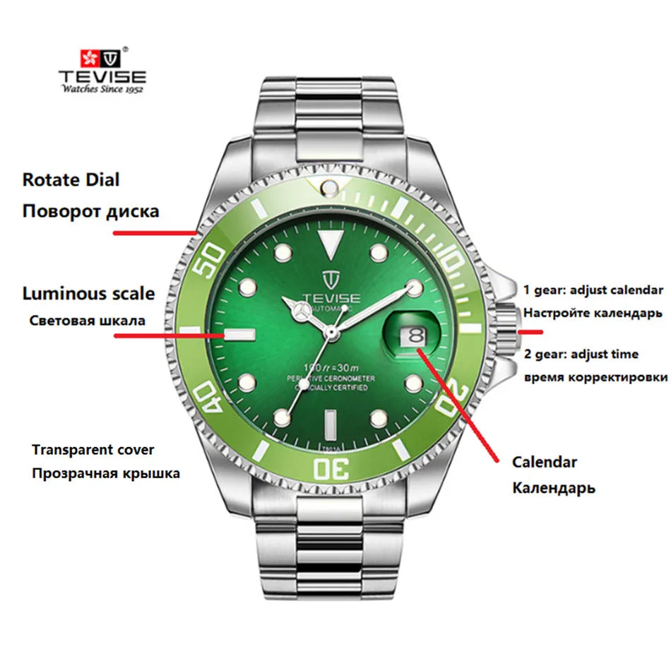 Top Brand Men Mechanical Watch TEVISE T801A Automatic Date Fashion Wristwatches Rotable Outer Case Green Male Clock Fixing Tool
