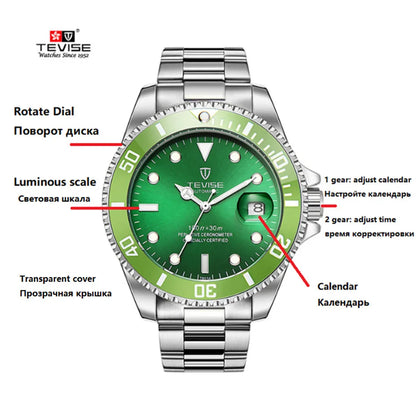 Top Brand Men Mechanical Watch TEVISE T801A Automatic Date Fashion Wristwatches Rotable Outer Case Green Male Clock Fixing Tool