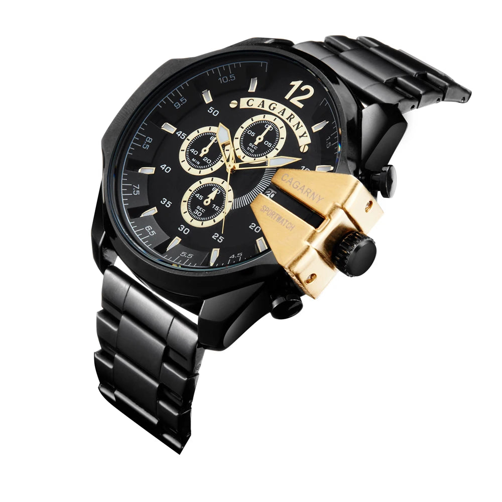 Top Luxury Brand Cagarny Men Watch Black Gold Stainless Steel Men's Business Quartz Wrist Watches Man Clock Military relogio New