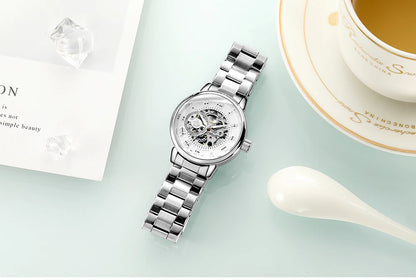 ORKINA Women Watch Automatic Mechanical Skeleton Chic Rose Gold Lady Wristwatch in Mesh Stainless Steel Bracelet / Leather Strap