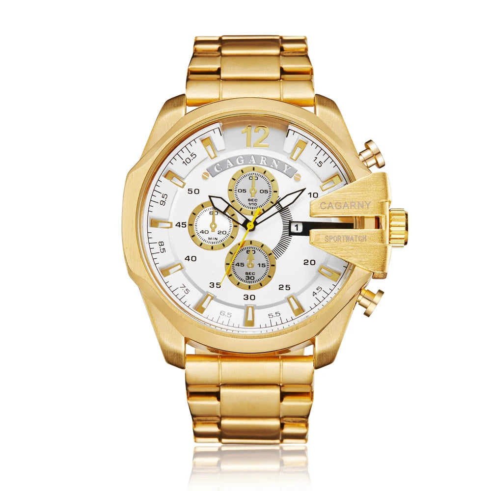 Top Luxury Brand Cagarny Men Watch Black Gold Stainless Steel Men's Business Quartz Wrist Watches Man Clock Military relogio New