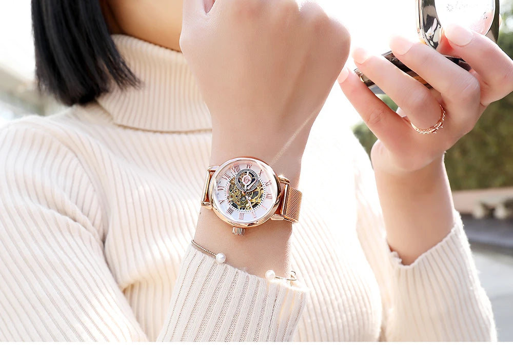 ORKINA Women Watch Automatic Mechanical Skeleton Chic Rose Gold Lady Wristwatch in Mesh Stainless Steel Bracelet / Leather Strap