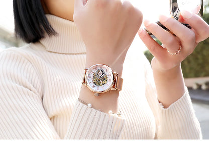 ORKINA Women Watch Automatic Mechanical Skeleton Chic Rose Gold Lady Wristwatch in Mesh Stainless Steel Bracelet / Leather Strap