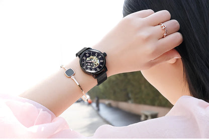 ORKINA Women Watch Automatic Mechanical Skeleton Chic Rose Gold Lady Wristwatch in Mesh Stainless Steel Bracelet / Leather Strap