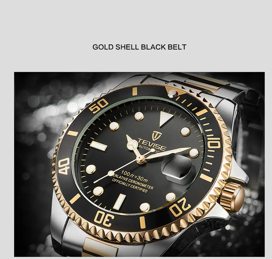Top Brand Men Mechanical Watch TEVISE T801A Automatic Date Fashion Wristwatches Rotable Outer Case Green Male Clock Fixing Tool