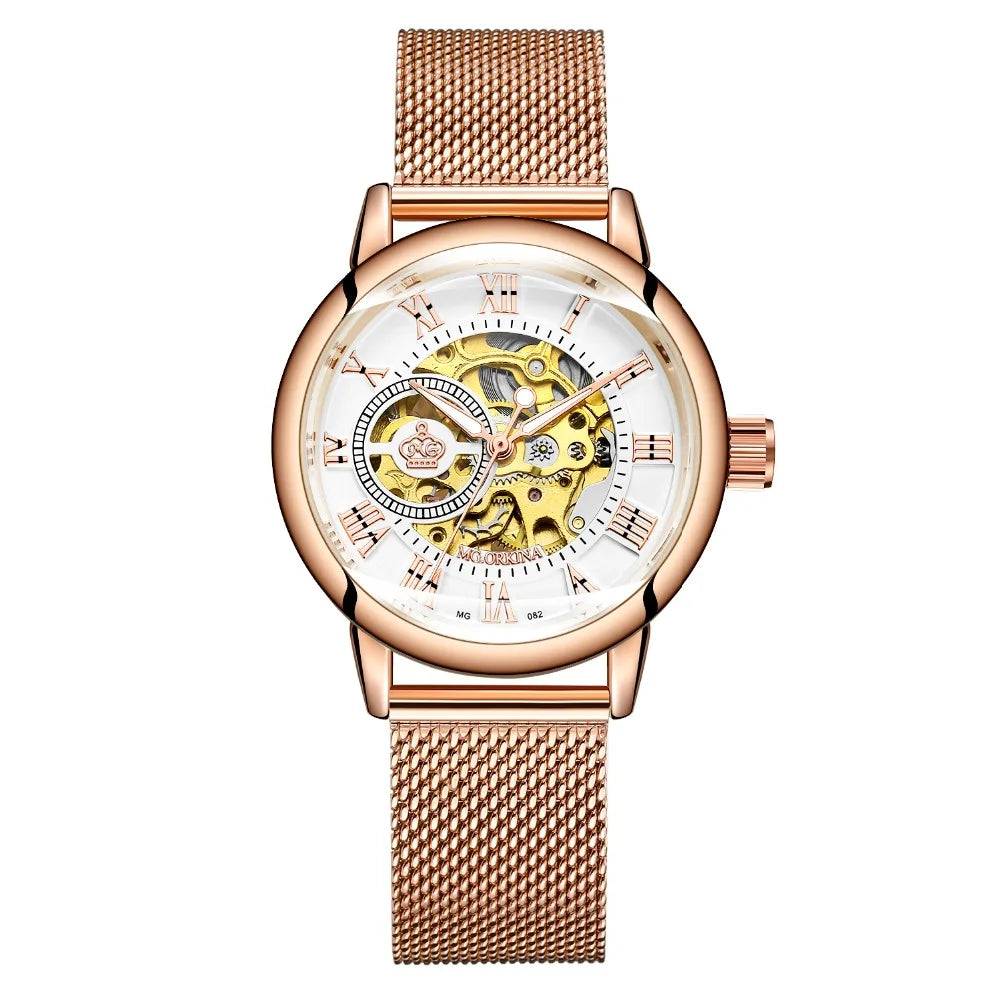 ORKINA Women Watch Automatic Mechanical Skeleton Chic Rose Gold Lady Wristwatch in Mesh Stainless Steel Bracelet / Leather Strap
