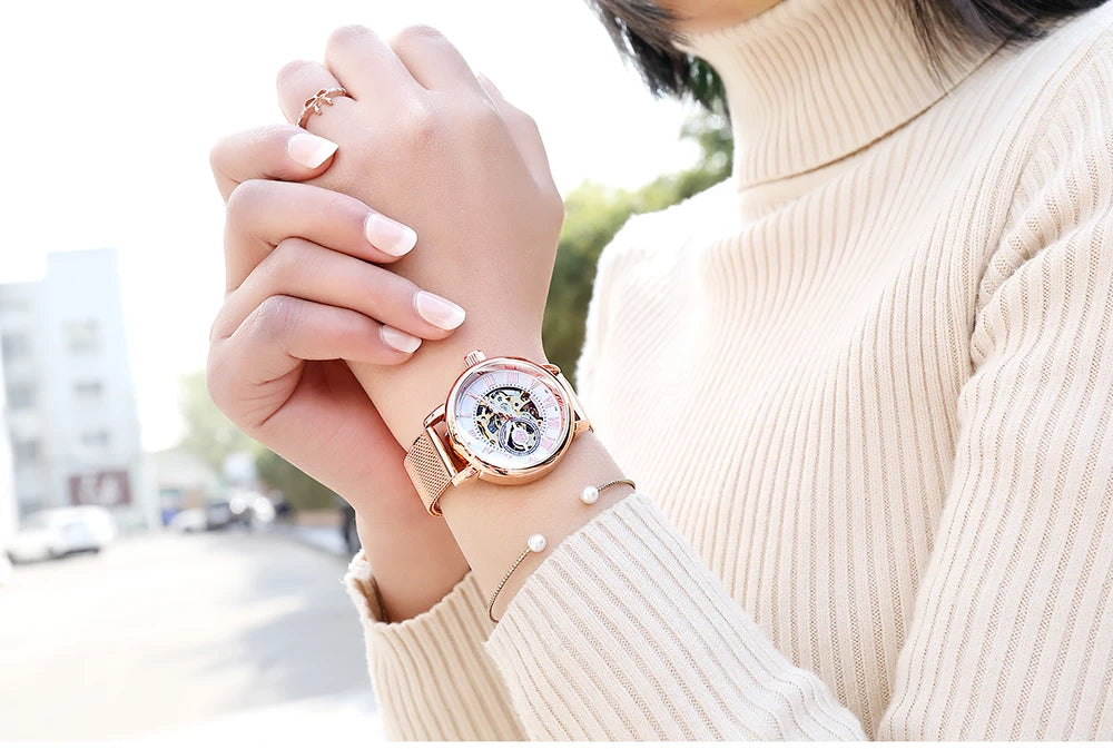 ORKINA Women Watch Automatic Mechanical Skeleton Chic Rose Gold Lady Wristwatch in Mesh Stainless Steel Bracelet / Leather Strap