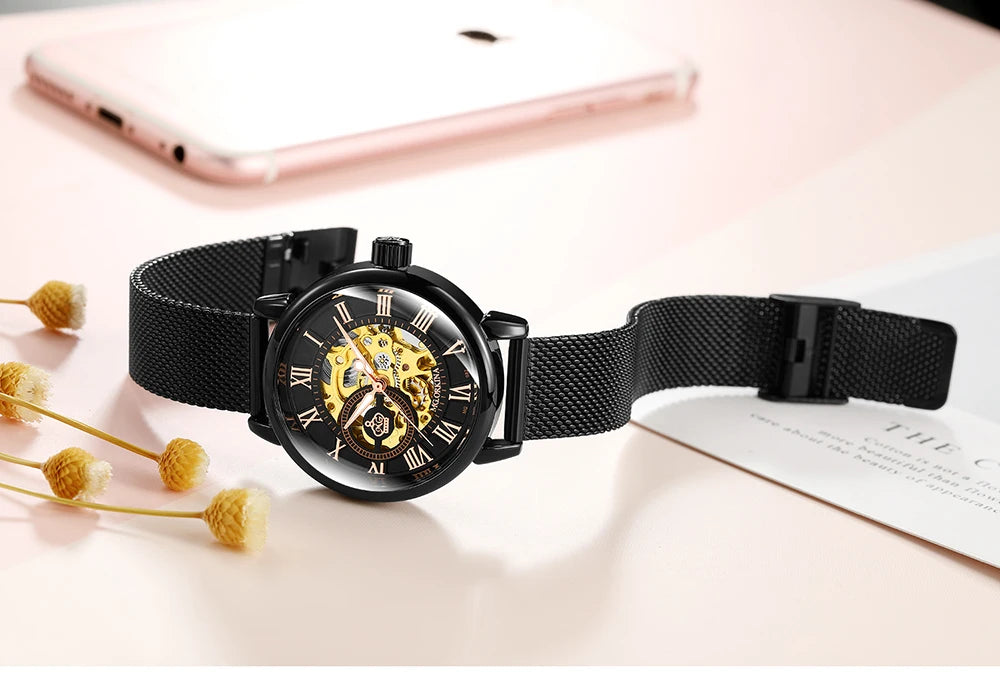 ORKINA Women Watch Automatic Mechanical Skeleton Chic Rose Gold Lady Wristwatch in Mesh Stainless Steel Bracelet / Leather Strap