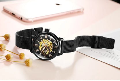 ORKINA Women Watch Automatic Mechanical Skeleton Chic Rose Gold Lady Wristwatch in Mesh Stainless Steel Bracelet / Leather Strap
