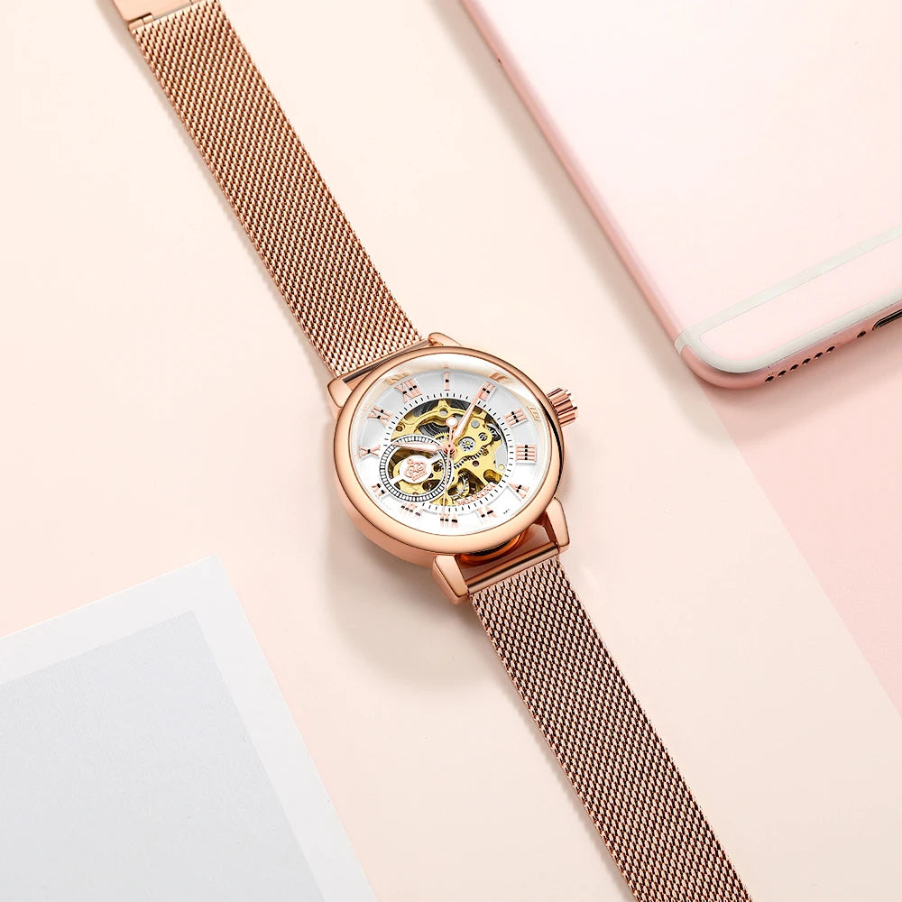 ORKINA Women Watch Automatic Mechanical Skeleton Chic Rose Gold Lady Wristwatch in Mesh Stainless Steel Bracelet / Leather Strap