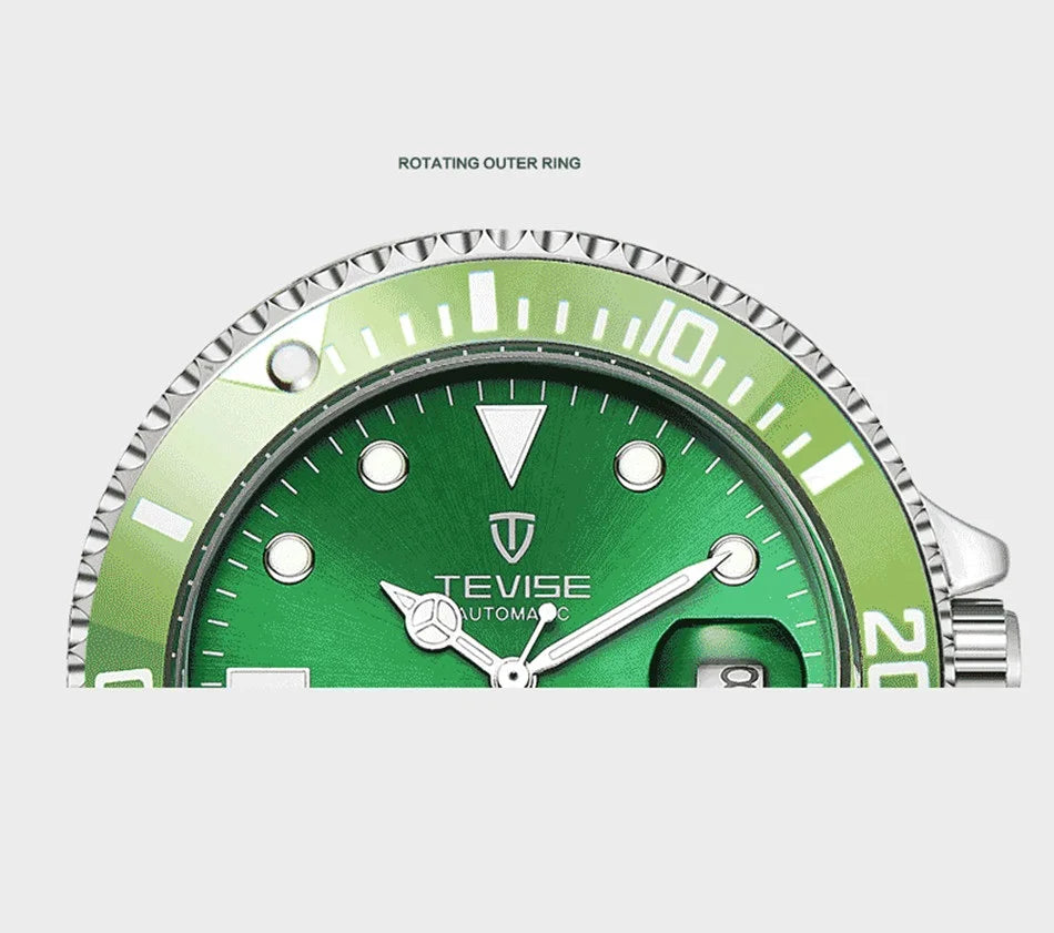 Top Brand Men Mechanical Watch TEVISE T801A Automatic Date Fashion Wristwatches Rotable Outer Case Green Male Clock Fixing Tool
