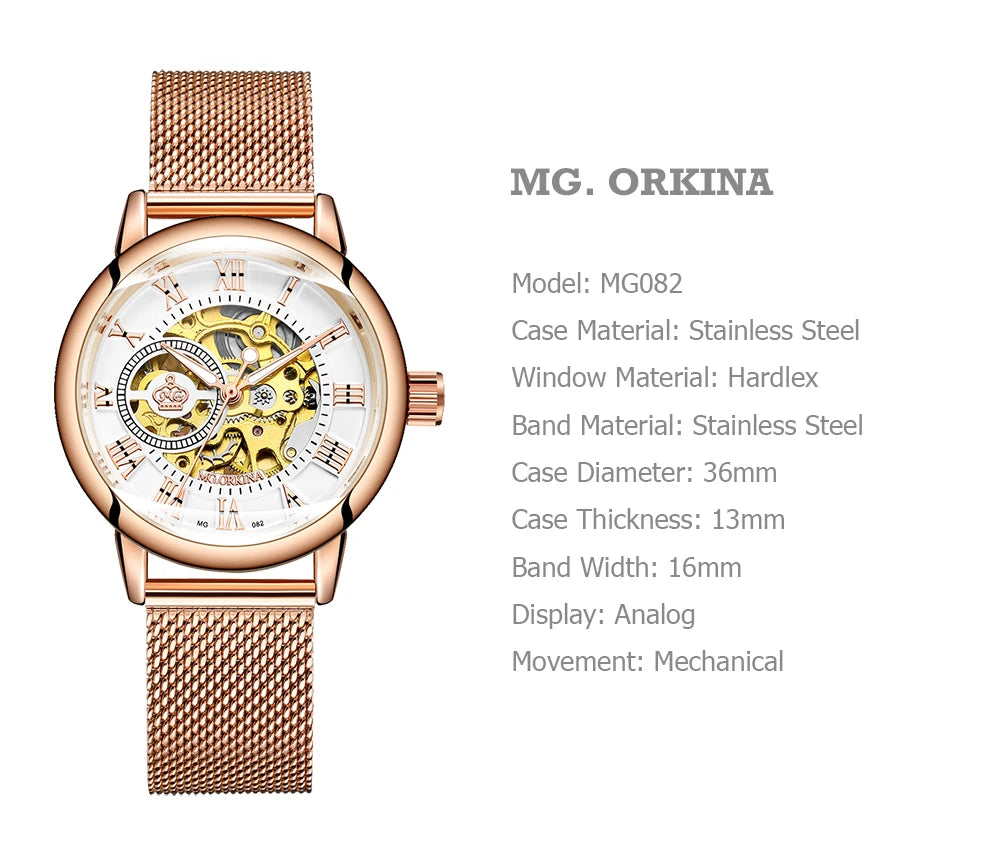ORKINA Women Watch Automatic Mechanical Skeleton Chic Rose Gold Lady Wristwatch in Mesh Stainless Steel Bracelet / Leather Strap