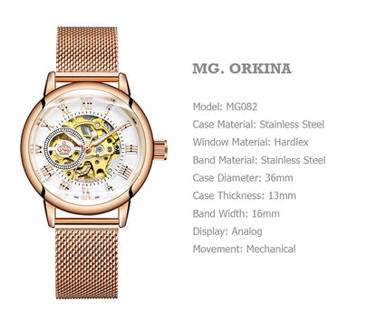 ORKINA Women Watch Automatic Mechanical Skeleton Chic Rose Gold Lady Wristwatch in Mesh Stainless Steel Bracelet / Leather Strap