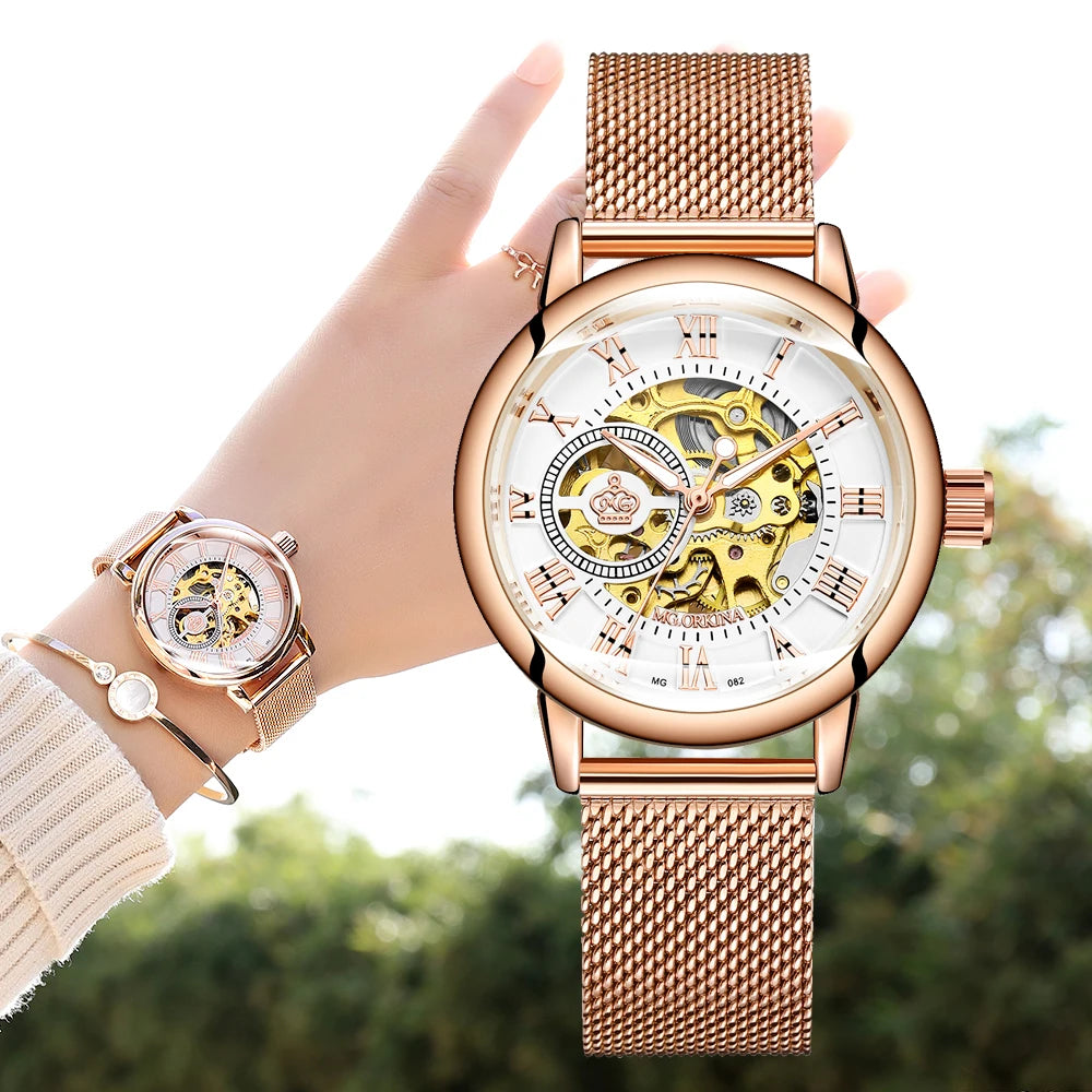 ORKINA Women Watch Automatic Mechanical Skeleton Chic Rose Gold Lady Wristwatch in Mesh Stainless Steel Bracelet / Leather Strap
