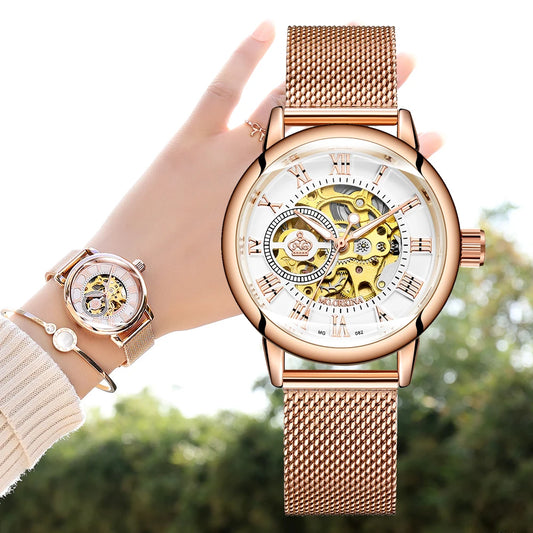 ORKINA Women Watch Automatic Mechanical Skeleton Chic Rose Gold Lady Wristwatch in Mesh Stainless Steel Bracelet / Leather Strap