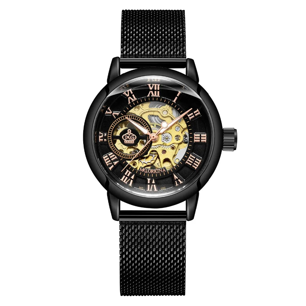 ORKINA Women Watch Automatic Mechanical Skeleton Chic Rose Gold Lady Wristwatch in Mesh Stainless Steel Bracelet / Leather Strap