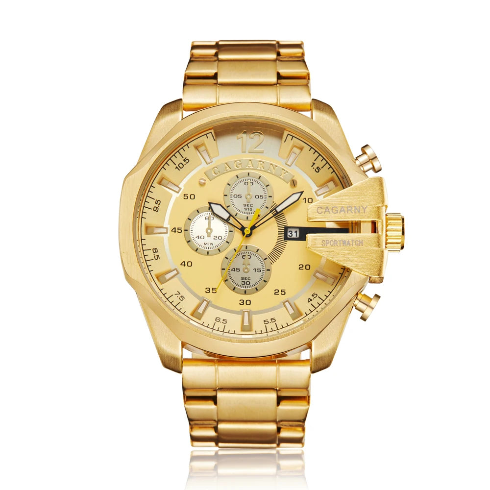 Top Luxury Brand Cagarny Men Watch Black Gold Stainless Steel Men's Business Quartz Wrist Watches Man Clock Military relogio New