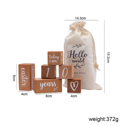 1Set Baby Month Milestone Card Beech Block Square Engraved Newborn Birth Month Birthday Milestones Block Photography Props