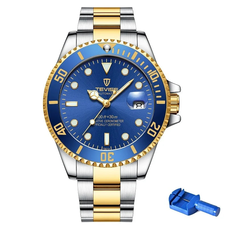 Top Brand Men Mechanical Watch TEVISE T801A Automatic Date Fashion Wristwatches Rotable Outer Case Green Male Clock Fixing Tool