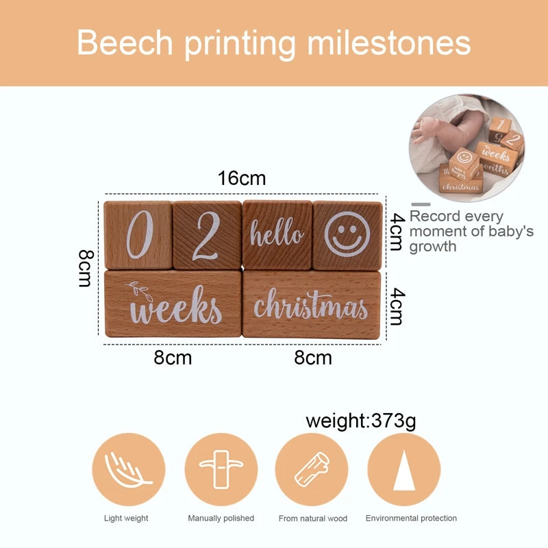1Set Baby Month Milestone Card Beech Block Square Engraved Newborn Birth Month Birthday Milestones Block Photography Props
