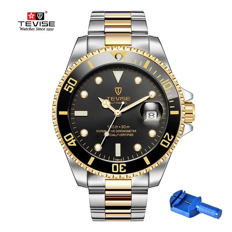 Top Brand Men Mechanical Watch TEVISE T801A Automatic Date Fashion Wristwatches Rotable Outer Case Green Male Clock Fixing Tool