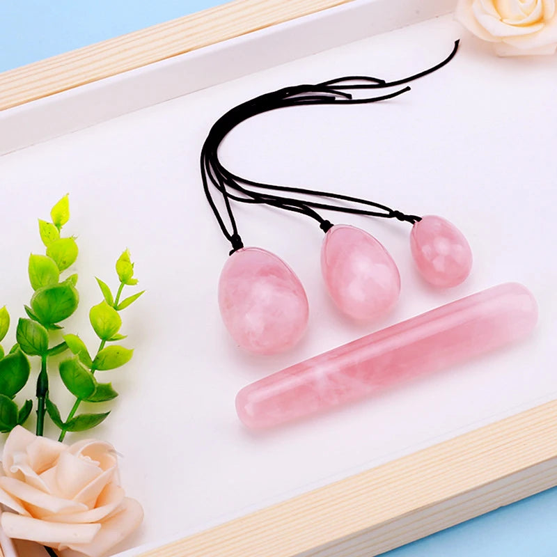 Natural Rose Quartz Yoni Egg Set Jade Egg Vaginal Muscle Firming Kegel Exercise Crystal Yoni Wand Feminine Hygiene Massage Stone