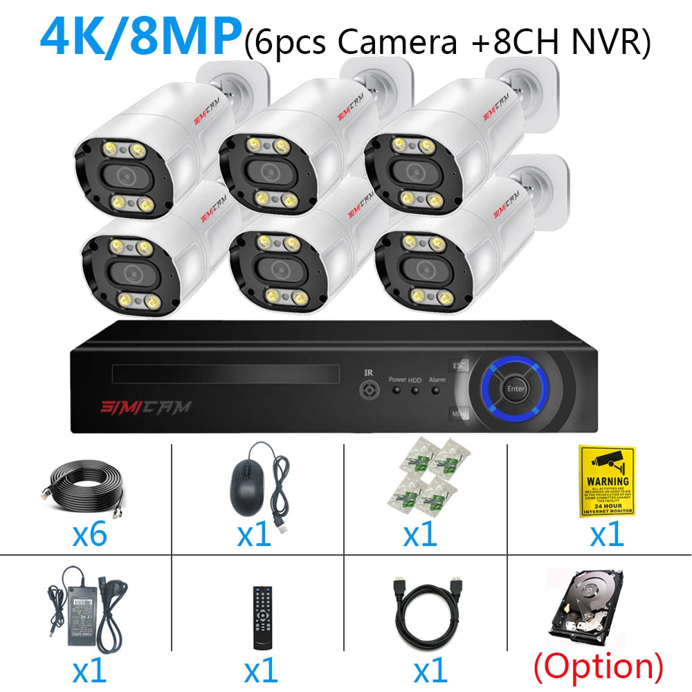 4K 8MP POE IP Security Camera System NVR Kit Face Detection Two Way Audio Metal Bullet With RJ45 Cable Street Video Surveillance