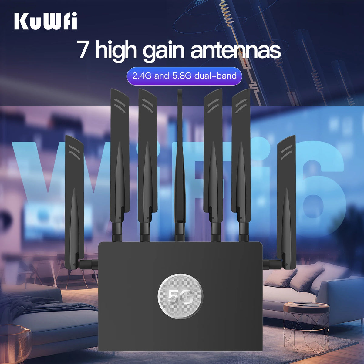 USA Stock KuWFi OpenVPN WIreGUARD 5g Cpe Gigabit Port 3000Mbps SDX62 Dual Band Enterprise 5G Wifi6 Router With Two Sim Card Slot