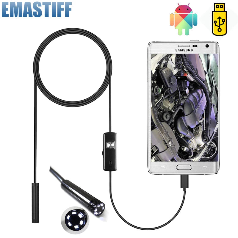 7mm Endoscope Camera Flexible IP67 Waterproof Micro USB Inspection Borescope Camera for Android PC Notebook 6LEDs Adjustable