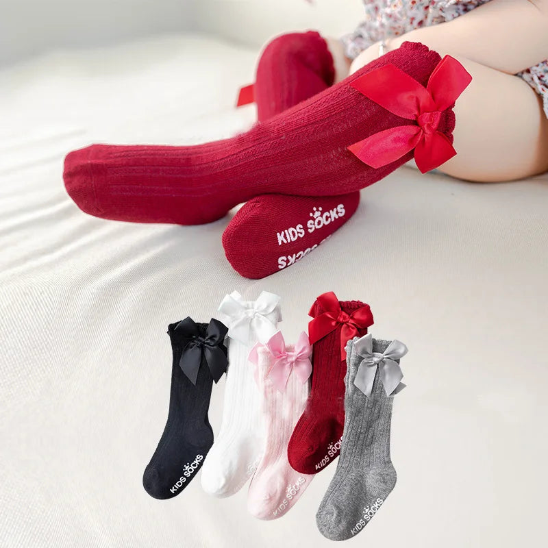 New Girls Stockings Toddler Knee High Bubble Mouth Stockings Baby Bowknot Cotton Nonslip Toddler Stocks Lace Stocking For Girl