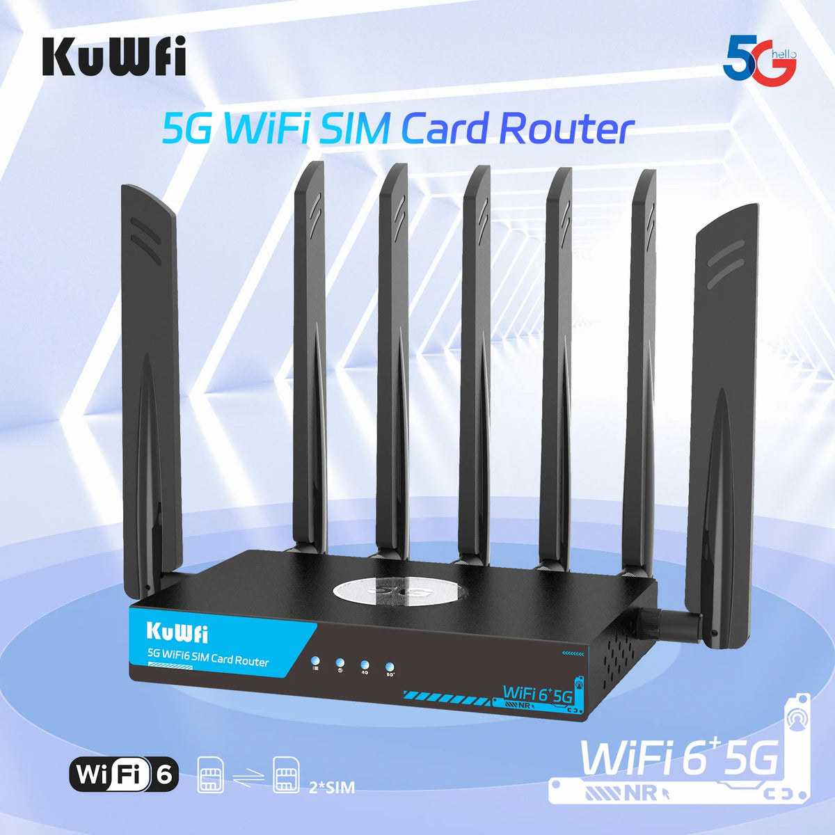 USA Stock KuWFi OpenVPN WIreGUARD 5g Cpe Gigabit Port 3000Mbps SDX62 Dual Band Enterprise 5G Wifi6 Router With Two Sim Card Slot