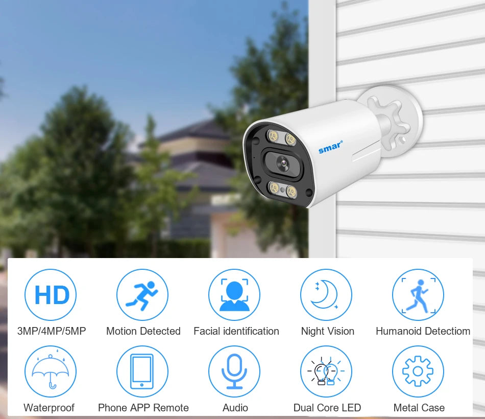 Smar 5MP Camera IP/POE 5MP With Audio Security Camera Indoor Outdoor Waterpfoof Night Vision Video Surveillance Metal Case