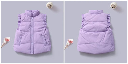 Winter Baby and Girls Ruffled Sleeves Single-Breasted Puffer Vest Jackets School Kids Down Waistcoat Child Outfit Tops 2-10 Yr