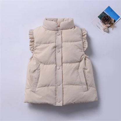 Winter Baby and Girls Ruffled Sleeves Single-Breasted Puffer Vest Jackets School Kids Down Waistcoat Child Outfit Tops 2-10 Yr