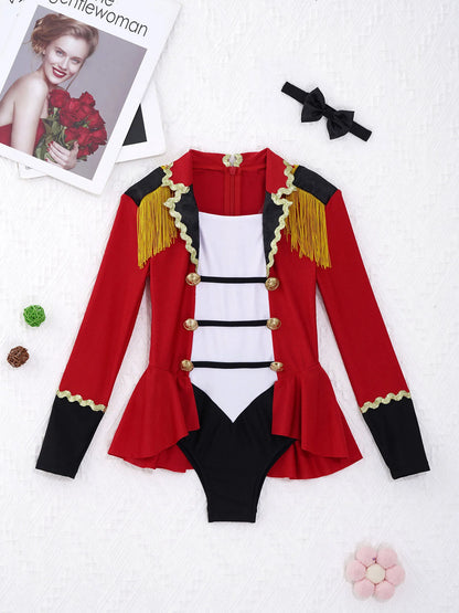 Childrens Showman Bodysuit Tassel Leotard Circus Ringmaster Cosplay Costumes Kids Girls Carnival Party Performance Jumpsuit