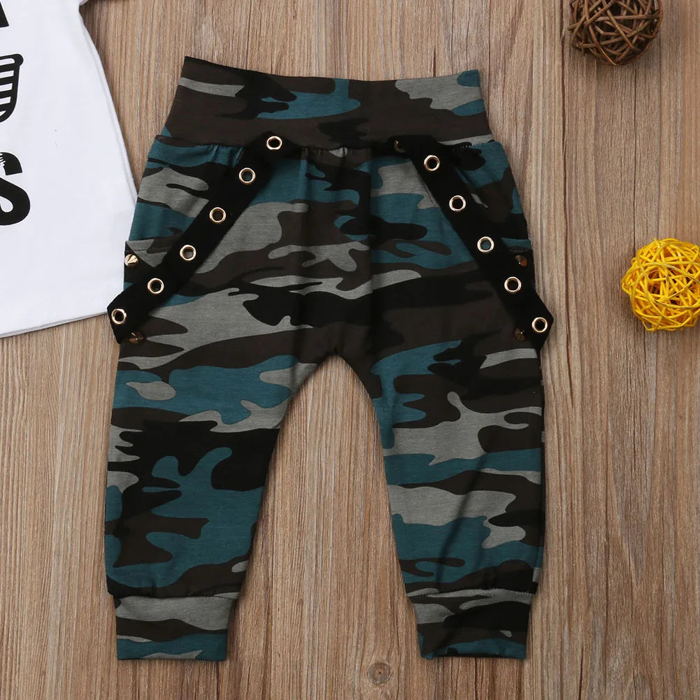 Newborn Baby Boys Clothes Toddler Kids Short Sleeve Letter T-shirt Camo Pants 2Pcs Outfits Set Baby's Clothing