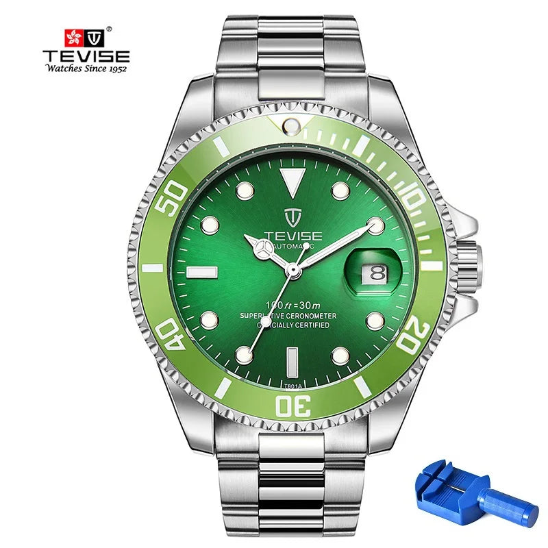Top Brand Men Mechanical Watch TEVISE T801A Automatic Date Fashion Wristwatches Rotable Outer Case Green Male Clock Fixing Tool